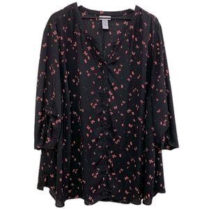 CATHERINES Simi Sheer Blouse Women’s 3X Black Pink Butterfly V Neck Button Up.